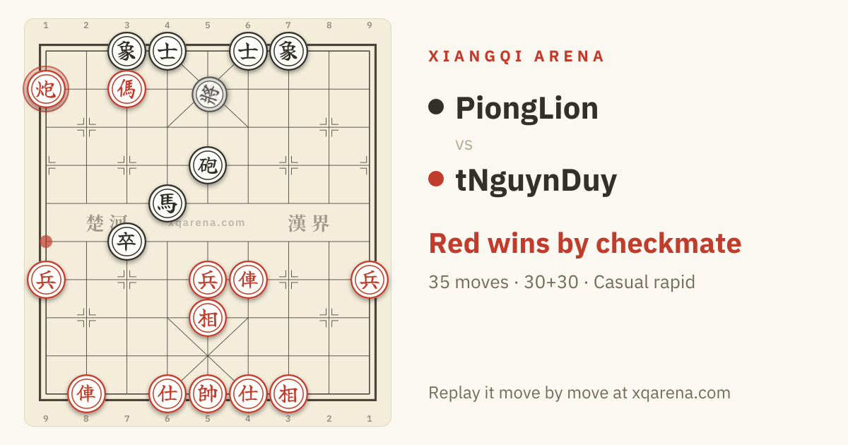 The final position of tNguynDuy vs PiongLion on a Xiangqi board