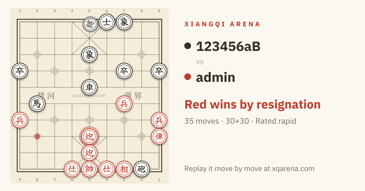 The final position of admin vs 123456aB on a Xiangqi board