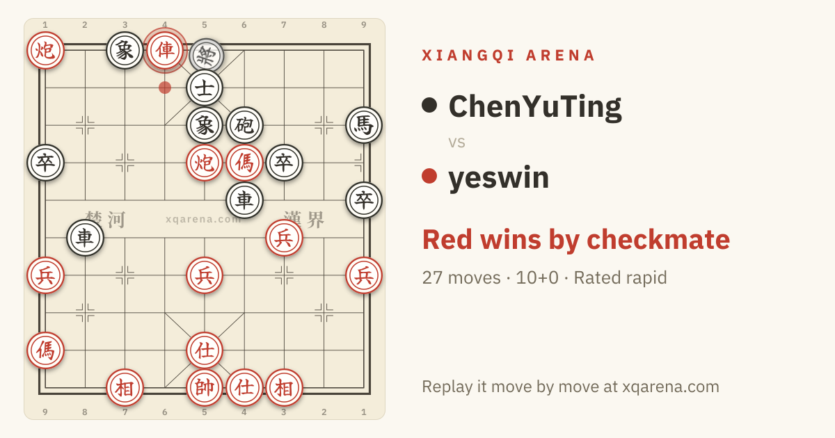 The final position of yeswin vs ChenYuTing on a Xiangqi board
